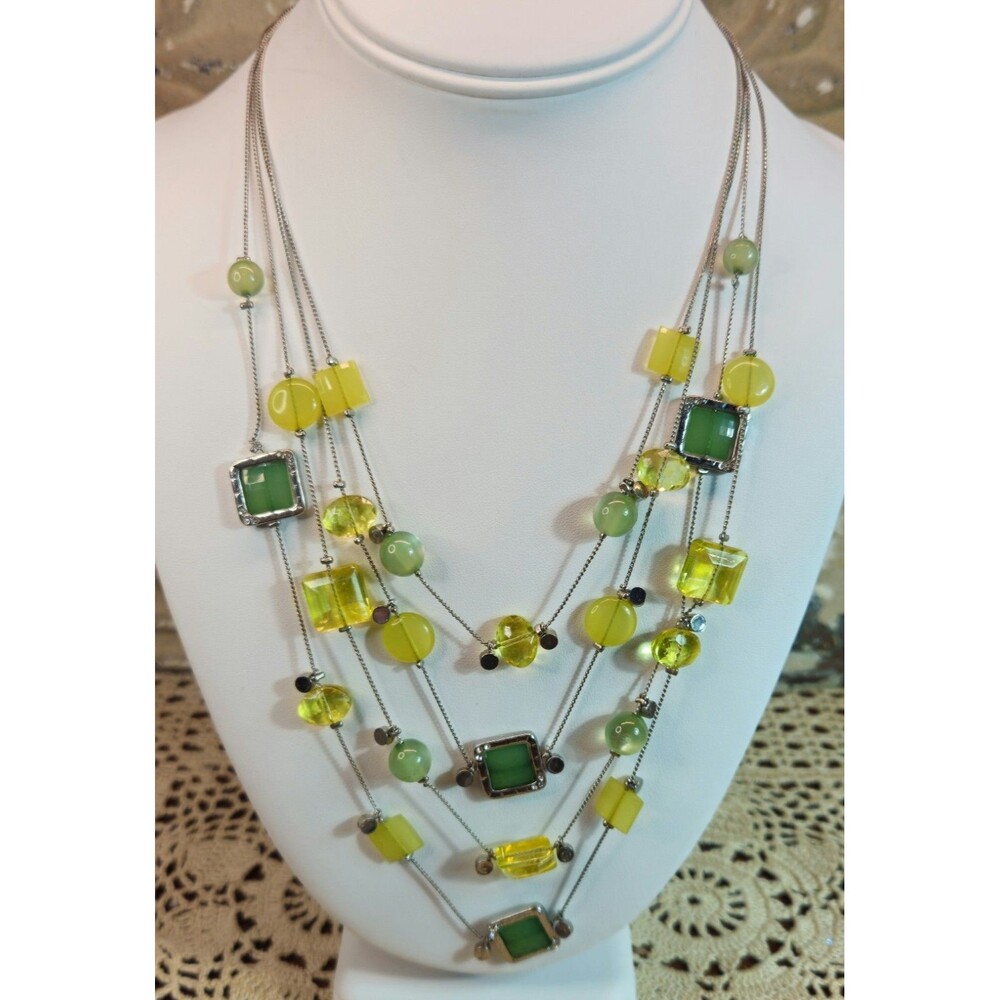 Vtg Charming Charlie Silver Tone Necklace w/ Yellow & Green Multi-Strands 21.5"